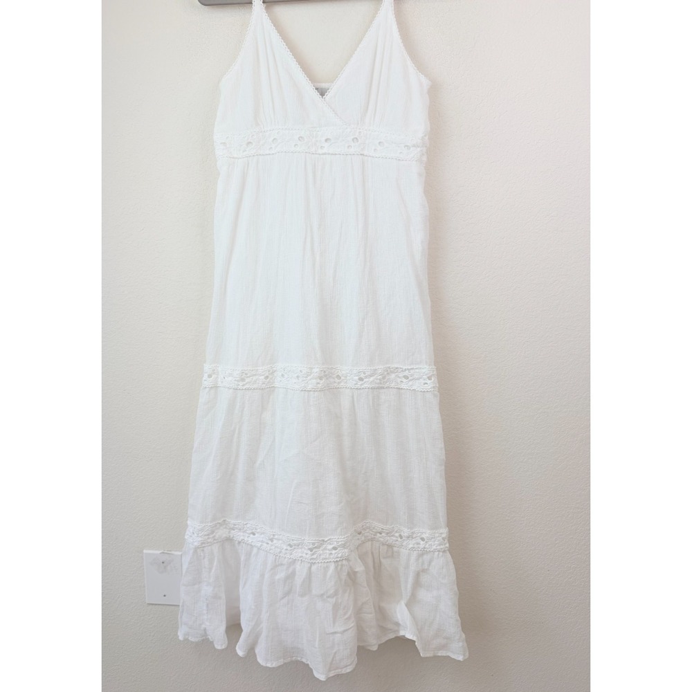 Old Navy Cami Maxi Dress Women's L White Eyelet Lace Tiered Boho Coastal Beach - Picture 3 of 7